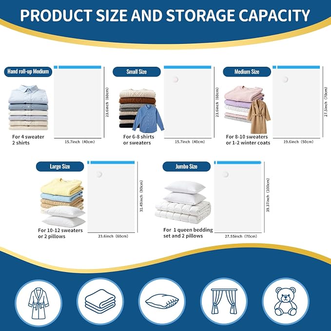Vacuum Storage Bags for Travel with Electric Pump,12 Pack | Vacuum Seal Bags for Clothes and Travel, Vacuum Bags For Storage saving 80% space, Reusable Compression Solution - Image 3