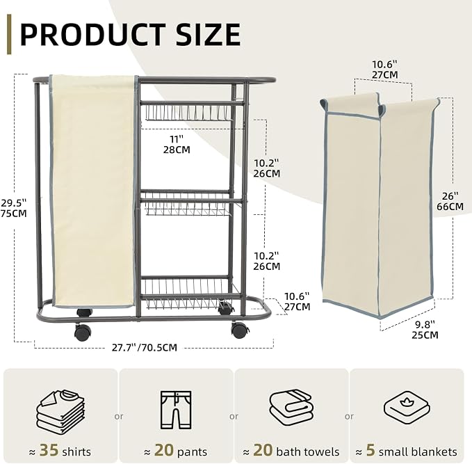 Rolling Laundry Basket with Wheels and Handle,3 Storage Baskets, 45 L Bag | Heavy Duty Laundry Cart, Space Saving Laundry Room Organization - Image 3