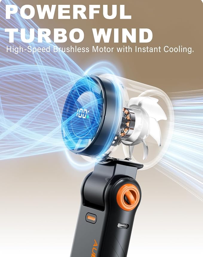 Portable Handheld Turbo Fan - 5 Speed Mini Personal Fan with Strong Airflow, Foldable 3 in 1 Rechargeable Battery Operated Trave Essentials Hand Fans for Indoor/Outdoor Use, Black - Image 7