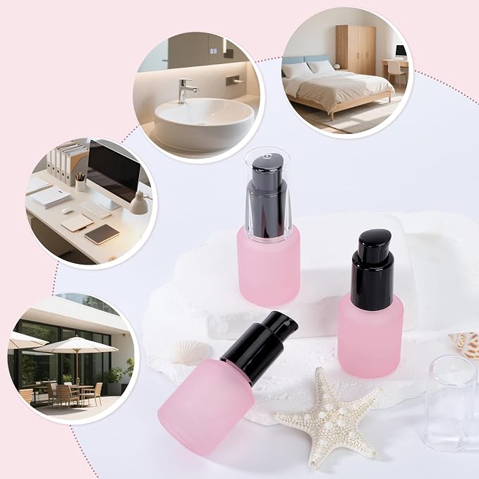 Segbeauty 0.5oz Frosted Glass Lotion Pump Bottles, 3pcs Refillable Travel Size Containers for Lotions, 15ml Pink Glass Small Travel Containers for Creams, Mini Hair Oil Bottle Pump Dispenser Empty - Image 6