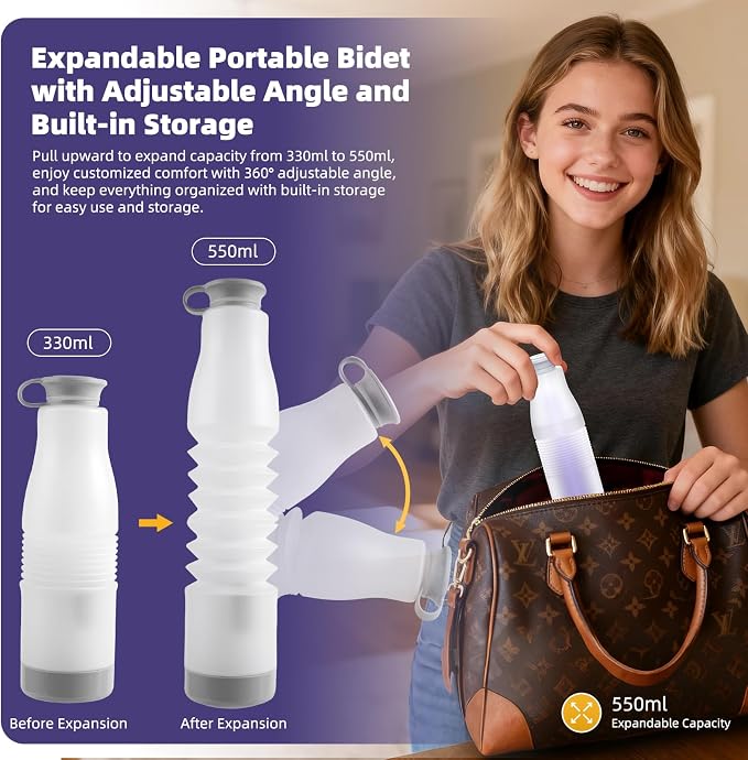 Hibbent Portable Bidet for Travel, High Pressure Electric Handheld Bidet Sprayer, 350-550ML Expandable Bottle for Personal Hygiene, USB-C Rechargeable Waterproof Sprayer for Women & Men, Purple - Image 3