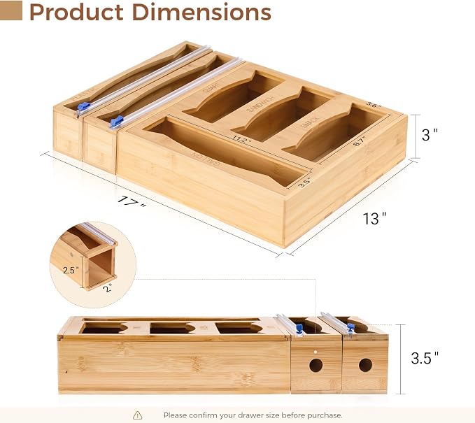 6-in-1 Bamboo Kitchen Drawer Organizer for Storage Bag, Foil & Plastic Wrap | Saran Wrap Dispenser with Cutter, Plastic & Grocery Bag Holder, Bamboo Drawer Organizer, Gallon/Quart Storage Bags - Image 2