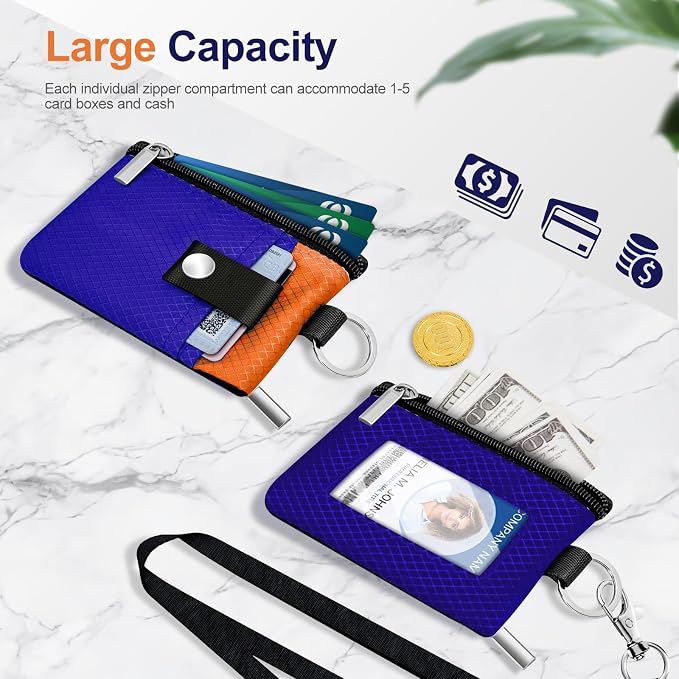 Minimalist RFID Blocking Small Wallet with ID Window,WaterResistant Zip Id Case Wallet with Lanyard Keychain for Cards,Cash,Travel,Women,Men (Sapphire Blue/Orange) - Image 7