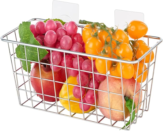 JUNCHU CHERRY 2 Pack Hanging Storage Basket, Bathroom Basket, Household Goods, with Traceless Tape, no Drilling, for Cabinet Storage, Kitchen, Bathroom, Storage Room,Chrome - Image 5