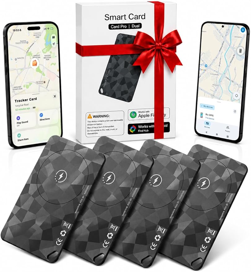 4 Pack Wallet Tracker Card (iOS and Android), 6-12 Years Battery Smart Card | Bluetooth Slim Tracing Card, Work with Apple Find My & Google Find Hub, Locator for Luggage, Passports, Keys, Backpack by NozlaID