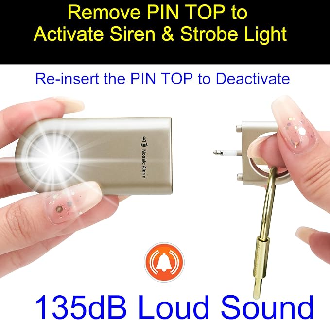 135dB Rechargeable Personal Safety Alarm Strobe Light Flashlight Keychain Siren for Women, Girls, College, School Students Emergency SOS Alerts Loud Sound Hiking Alarm Torchlight Bear Deterrent. Gold - Image 8
