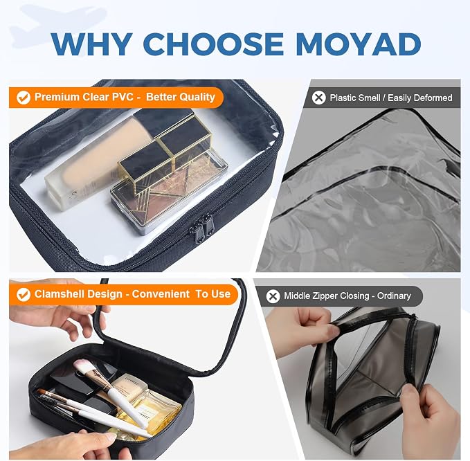 Moyad TSA Approved Toiletry Bag Clear Quart Size Travel Bags Makeup Bag | Large Opening, for Men and Women, Carry on Airline Compliant, Transparent Liquids Pouch, Black - Image 4