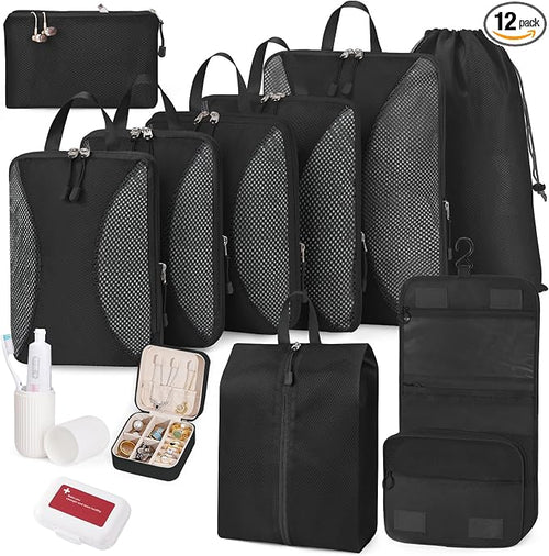 12-Piece Expandable Compression Packing Cubes, Space Saving Suitcase Organizers for Travel, Heavy Duty Luggage Storage Pouches Set, Black by Unknown
