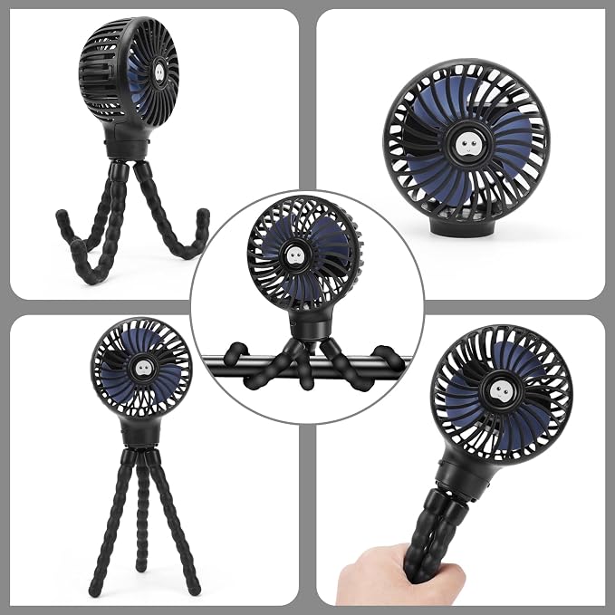 Portable Stroller Fan USB Clip on Fan Rechargeable Small Personal Mini with Removable Flexible Tripod 3 Speed 360° Rotate Can Handheld and Desk for Stroller Car Seat Crib Travel Outdoor (Black-1) - Image 6