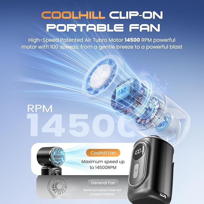 Portable Mini Clip On Fan, Turbo Handheld Fan Rechargeable Portable Fan | 3-in-1 Personal Cooling Fan 14500 RPM Mini Stroller Fan for Travel, Camping, Office & Outdoor Use - Image 2