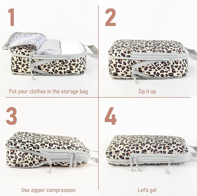4 Set Compression Packing Cubes For Travel Bags Organizer For Luggage Suitcase Organizer, Compression Bags For Travel Accessories Luggage Storage Set (4 Pcs, Brown Leopard) - Image 3