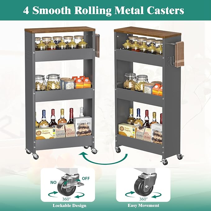 CHLORYARD Slim Storage Cart, 4-Tier Kitchen Rolling Cart Narrow Storage Cabinet with Handle & Wheels, Metal Rolling Shelf Unit for Kitchen Bathroom Laundry Small Places (5.9IN/ Gary/Brown) - Image 6