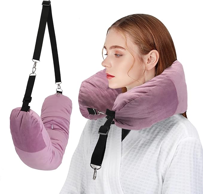 Stuffable Neck Pillow for Travel, Packable Neck Pillow (Pink) | Velvet cover, Stuff with clothes to save luggage space, No extra baggage fees, Fits 5+ days travel essentials, Zipper closure by NK+HealthCare