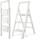 Step Ladder 3-Step White Finish Aluminum Folding Ladders | Anti-slip Sturdy Foldable Ladder Step Stool for Kitchen Home Office Libaray by BIBKOKE
