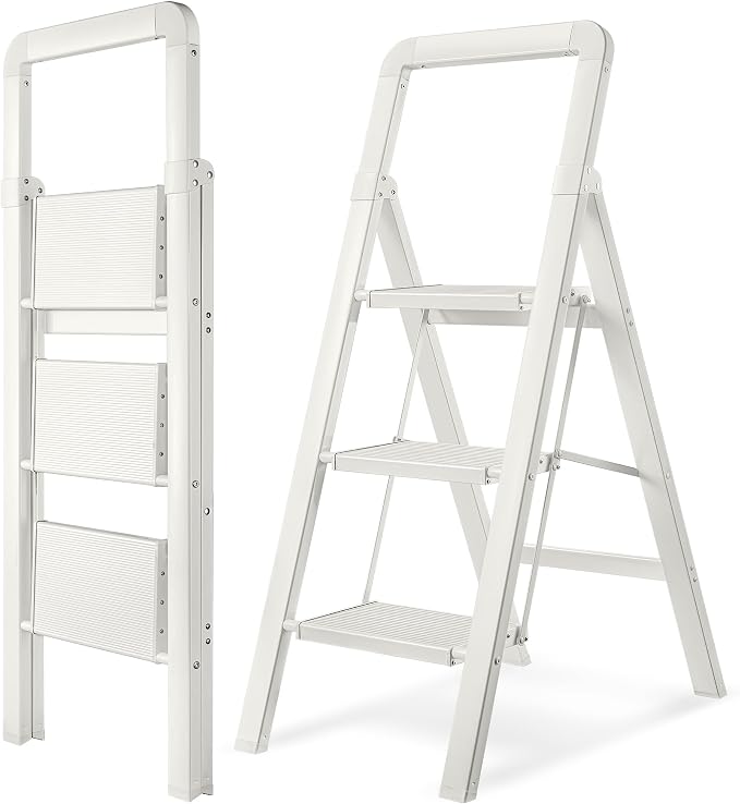 Step Ladder 3-Step White Finish Aluminum Folding Ladders | Anti-slip Sturdy Foldable Ladder Step Stool for Kitchen Home Office Libaray by BIBKOKE