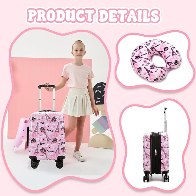 Kid's Luggage Set 5 Piece Suitcase Set 16" Hardside Luggage with Spinner Wheels Girls Carry on Toddler Travel Rolling Suitcase with Neck Pillow Airline Approved - Image 4