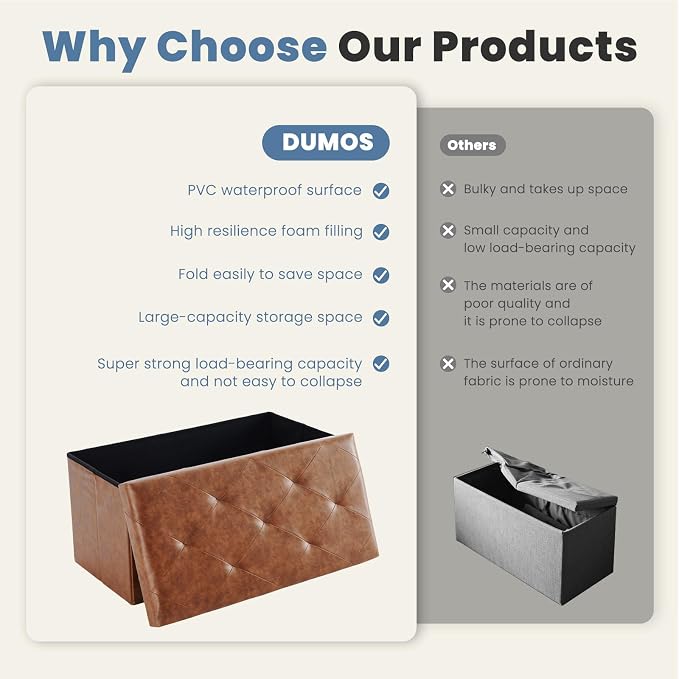DUMOS 30 Inch Folding Storage Ottoman Bench, Hidden Ottoman with Storage | Storage Chest with Padded Seat, End of Bed Foot Rest Stool for Bedroom Living Room, Load 660 lbs, Synthetic Leather, Brown - Image 7