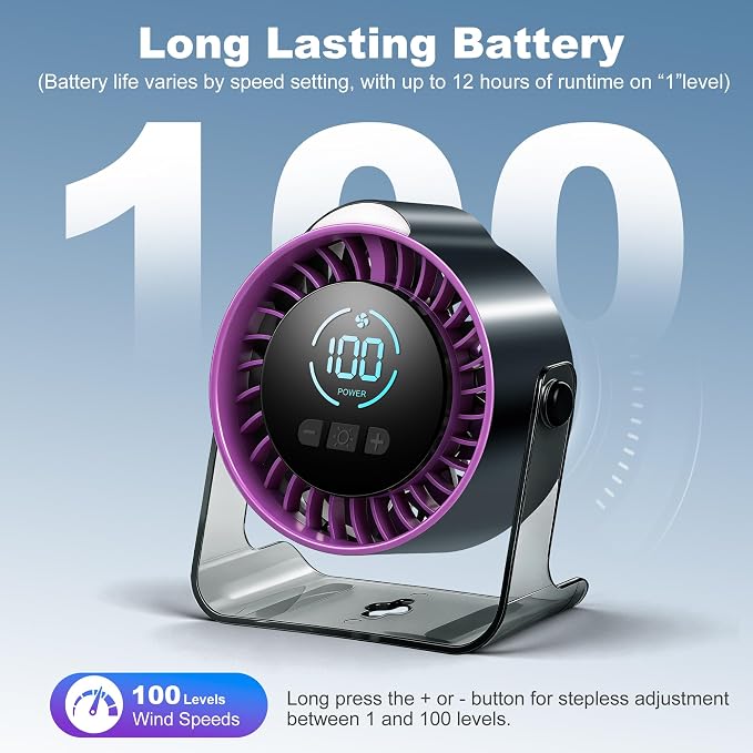 Portable Desk Fan - Rechargeable Small Fan with Night Light for Travel | 100 Speed Adjustable (Long Press) | LED Display | 7 Blades Quiet Motor | 12H Battery Life | Office & Bedroom Use - Image 4
