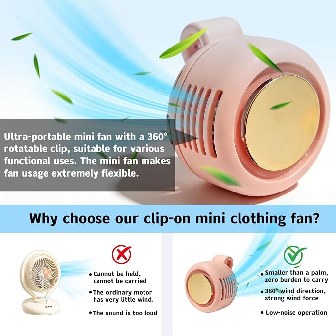 Portable Silent Clip-On Bladeless Personal Fan, Wearable Waist & Neck Fan, 360° Rotation, 3 Speeds, USB-C Rechargeable, Compact & Lightweight, Hands-Free Cooling for Travel, Office & Outdoor (Pink) - Image 5