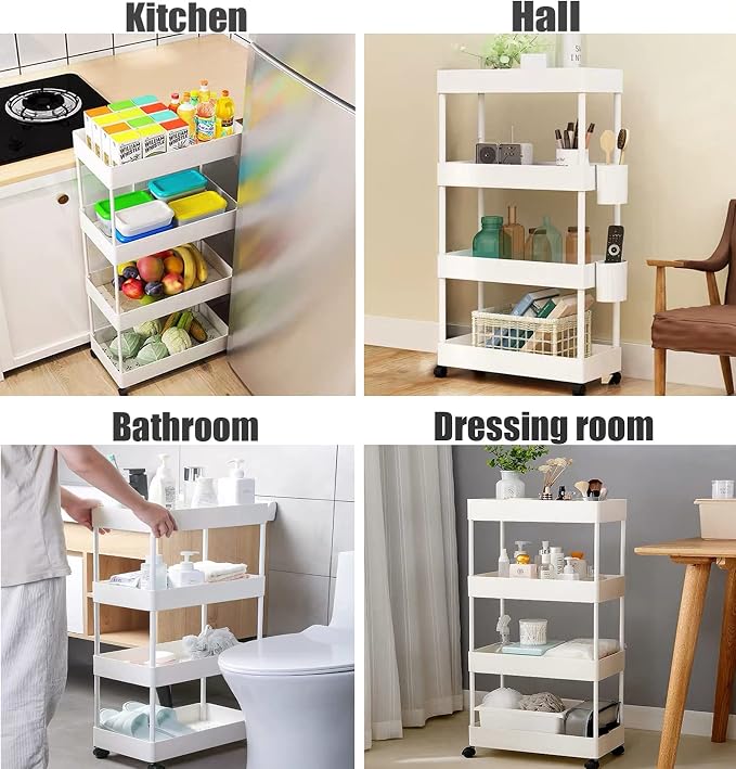 4 Tier Slim Rolling Utility Kitchen Cart Bathroom Organizer for Narrow Places Multipurpose Storage Shelve Mobile Trolley for Bedroom Laundry Office Restaurant Garage Pantry (White) - Image 3