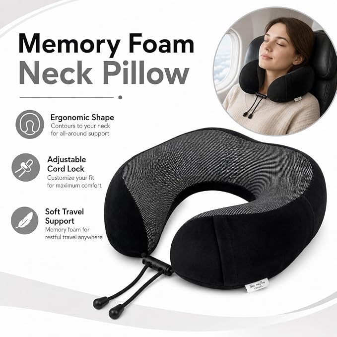 Travel Pillow and Blanket Set - Foot Hammock Rest Airplane Essentials Black | Memory Foam Neck Pillow Plane Foot Rest Airplane Accessories Essentials, Foldable Duffel Bag Eye Mask Earplugs for Comfort - Image 4
