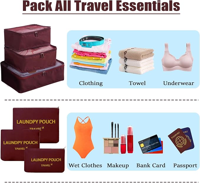 6 Set Packing Cubes for Travel Luggage Packing Bags Reusable Lightweight Suitcase Organizer Cubes Set for Travel Accessories (Wine Red) - Image 5