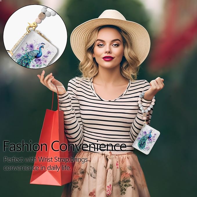 Blusabaca RFID Credit Card Holder Small Women Travel Wallet, Peacock | Removable Keychain, Case with Zipper, Vegan PU Leather, Cash Coin Pocket, Business Accordion Purse, Ladies Female Gift - Image 2