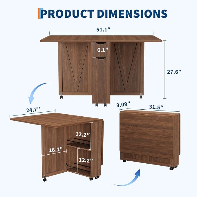 Garvee Folding Dining Table with Storage, Folding Kitchen Table with 6 Wheels, Drawer & Shelves, Compact Dining Table for Small Spaces - Image 2
