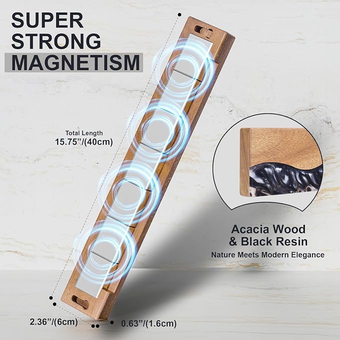 Magnetic Knife Holder for Wall 16 Inch, Acacia Wood Epoxy Resin Magnetic Knife Strip Bar, Powerful Magnet Kitchen Knife Storage Rack, Space-Saving Wall Mounted Organizer ("Onyx" Black Resin) - Image 4