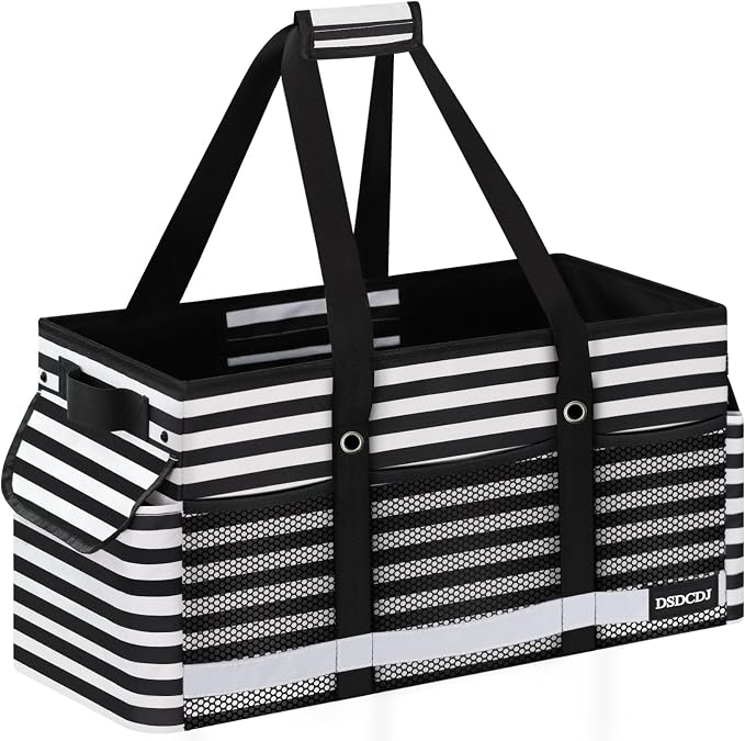 Extra Large Utility Tote Bag with Reflective Strip, Standing Reusable Grocery Bags with Hard Bottom, Collapsible Utility Tote with Handles for Shopping, Beach, Picnics, Car, Striped Black by DSDCDJ