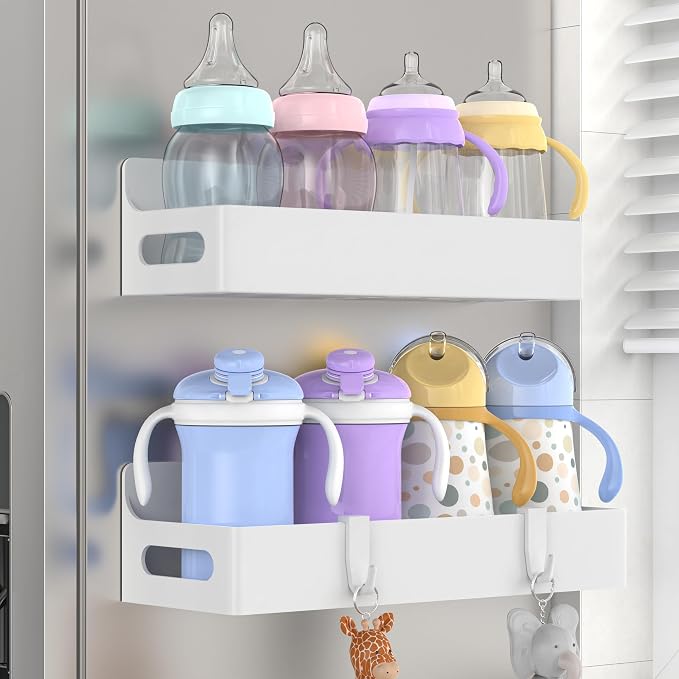 2 Pack Magnetic Spice Rack for Refrigerator White | Magnetic Cup Holder for Fridge, Magnetic Fridge Shelf with Hooks, Kids Sippy Cup Holder Kitchen by Unknown