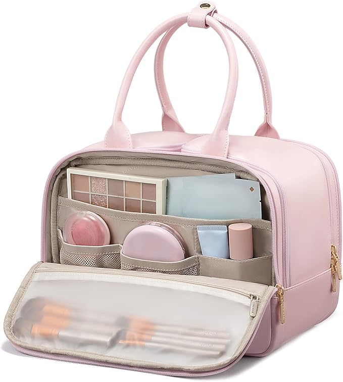 LOVEVOOK Travel Toiletry Bag for women, Leather Large Wide-open Makeup Bag, Waterproof Cosmetic Bag Organizer for Shower, Traveling, Toiletries, Bathroom by LOVEVOOK