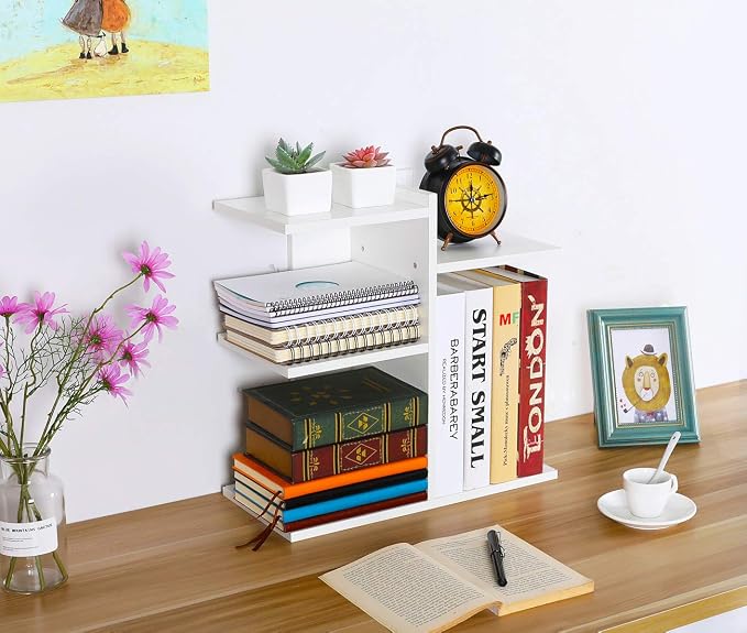 Wood Desktop Shelf Small Bookshelf Desk Supplies Organizers and Accessories Storage Display Rack Office Decor for Women, White - Image 2
