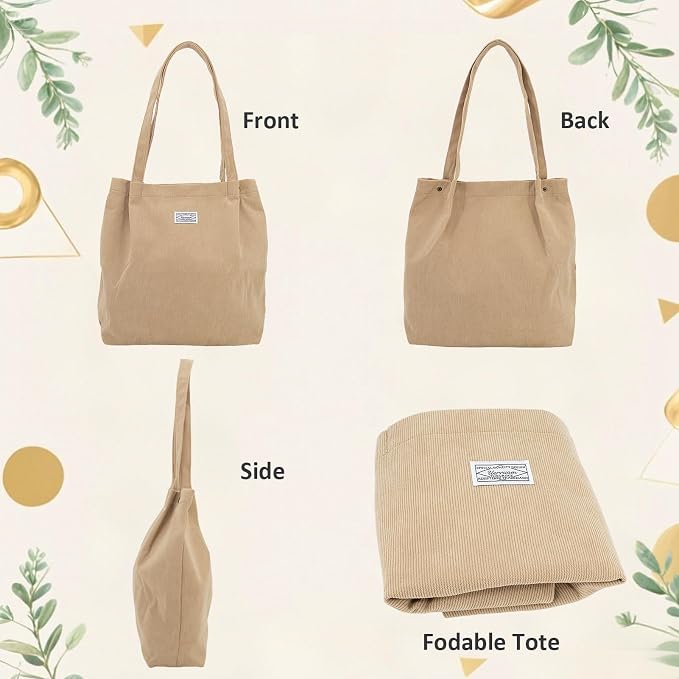 UERRUAM Corduroy Tote Bag for Women with Inner Pockets, Cute Go-to Bag | Slouchy Shoulder Bag for Everyday, Work, Books, Beach & Grocery Shopping, Lightweight Washable Foldable, Cloth Purse - Image 3