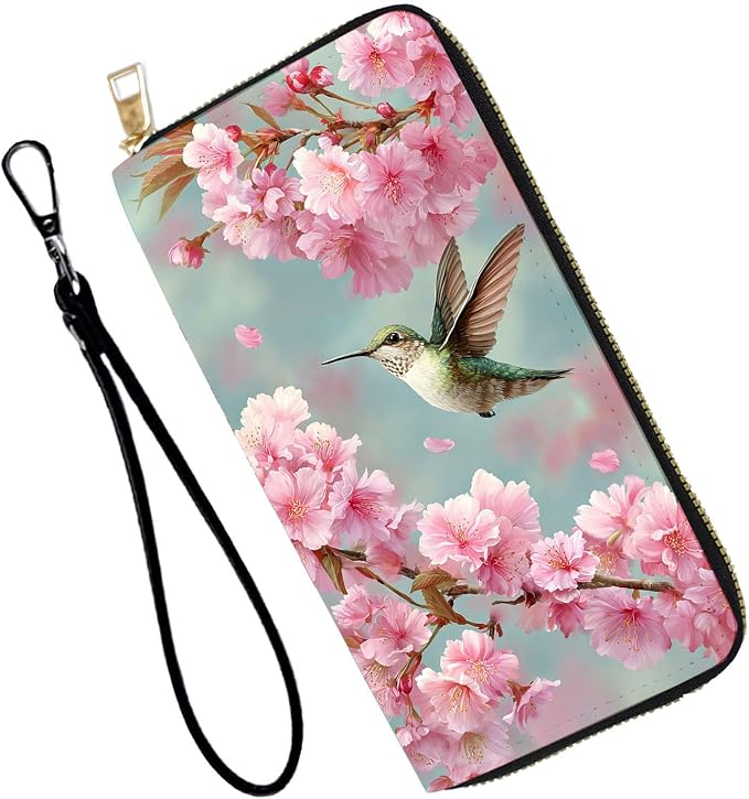 Women's RFID Blocking PU Leather Zip-Around Wallet, Large Capacity Clutch with Phone Holder, Travel Purse & Card Organizer with Removable Wristlet,Cherry Blossom Hummingbird by Unknown