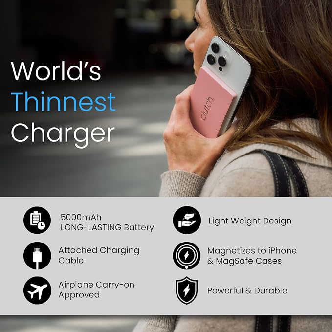 Clutch Pro – World's Thinnest Portable Charger – USB-C Power Bank 5000mAh – Magnetic Built-in Cable – TSA Approved Travel Charger – iPhone 15/16/17 & Android – Pink - Image 6