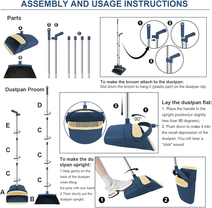 Broom and Dustpan Set, 51" Long Handle Broom with Mini Set Navy Blue | Mini Set for Tables, Kitchens & Tight Spaces, Built-in Comb Dustpan, Foldable Space-Saving Storage, Multi-Surface Use - Image 9