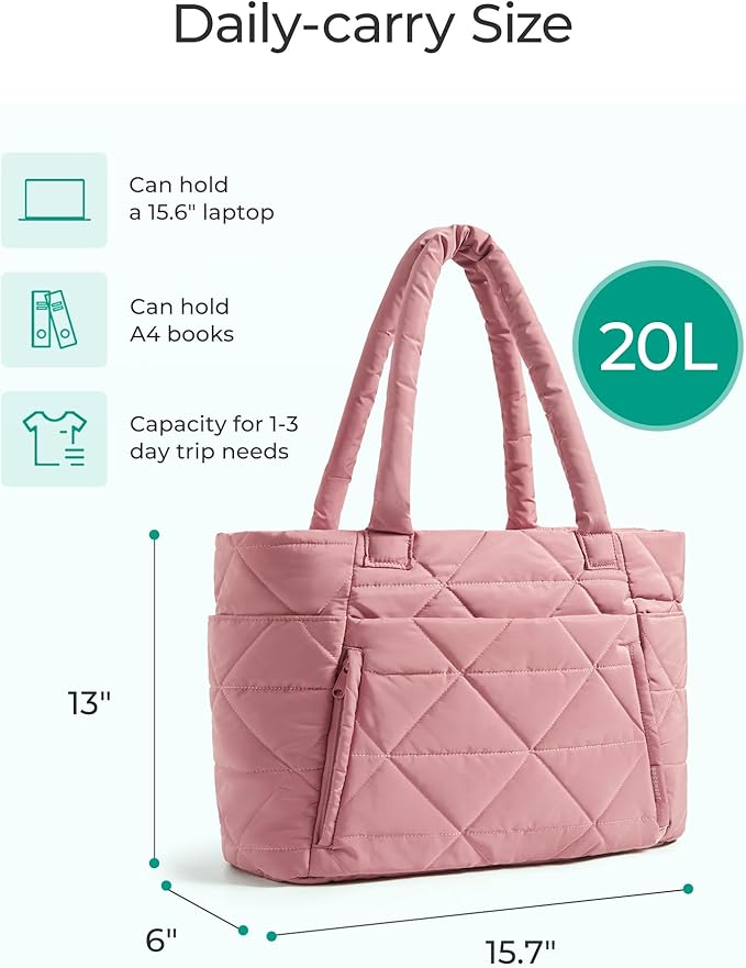 BAGSMART Tote Bag for Women, Puffer Tote Bag with Zipper, Large Quilted Shoulder Bag with Compartments for Travel, Work, Gym - Image 3