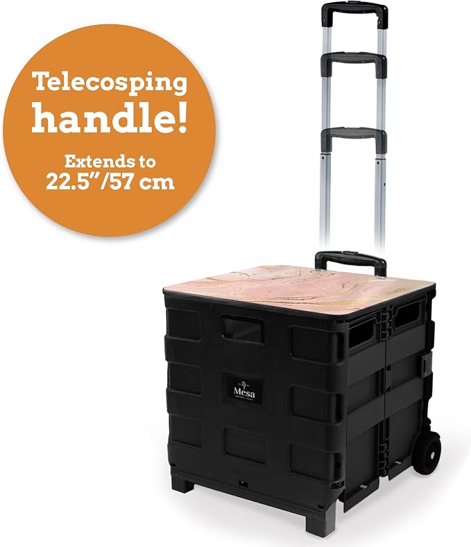Inspired Living Collapsible Ultra-Slim Pack-N-Roll,2 Wheel Utility Cart w/Lid Used as Seat up to 250 Lbs, Telescopic Handle, Super Strong, for Home,Garden,Shopping,Office,School, Large, Pink Marble - Image 4