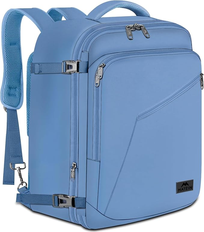 MATEIN Carry on Backpack with Hide Away Shoulder Strap for Travel, Blue | Expandable Big Backpack, Airline Approved, Large Hiking Daypack with 2 Handles, Gifts for Traveler Women by MATEIN