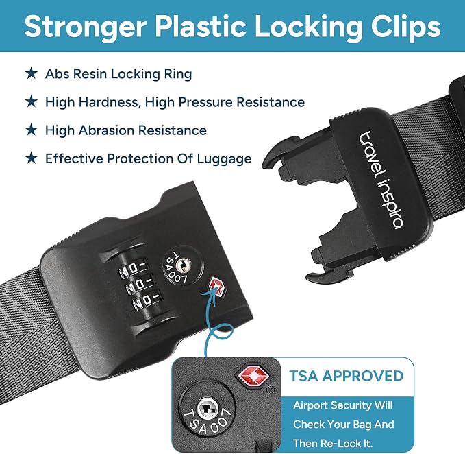 Travel Inspira Anti-Theft Suitcase Belt with TSA Lock | Heavy-Duty Nylon; TSA-Approved Lock with Tag; Adjustable 103-200cm; Secure Black Strap; 20-28 Inch Bags - Image 4