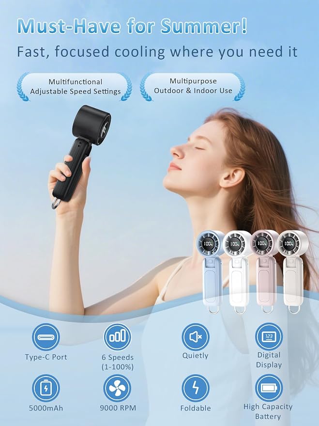 Handheld Fan, Portable Fan, 1-100 Speed Adjustable Turbo Fan, 5000mAh Rechargeable Mini Personal Fan with Foldable Design and LED Display for Travel, Office, Home and Outdoor Use Beige - Image 2