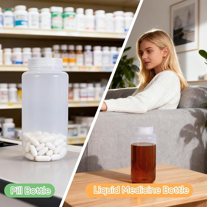 DEMORA 32 oz Plastic Bottles with Lids, Airtight Refillable Wide Mouth Travel Bottles for Toiletries, PP Food Grade Plastic Containers for Liquids Pill Water Sample Lab Reagent (Clear, 2 Pcs) - Image 3
