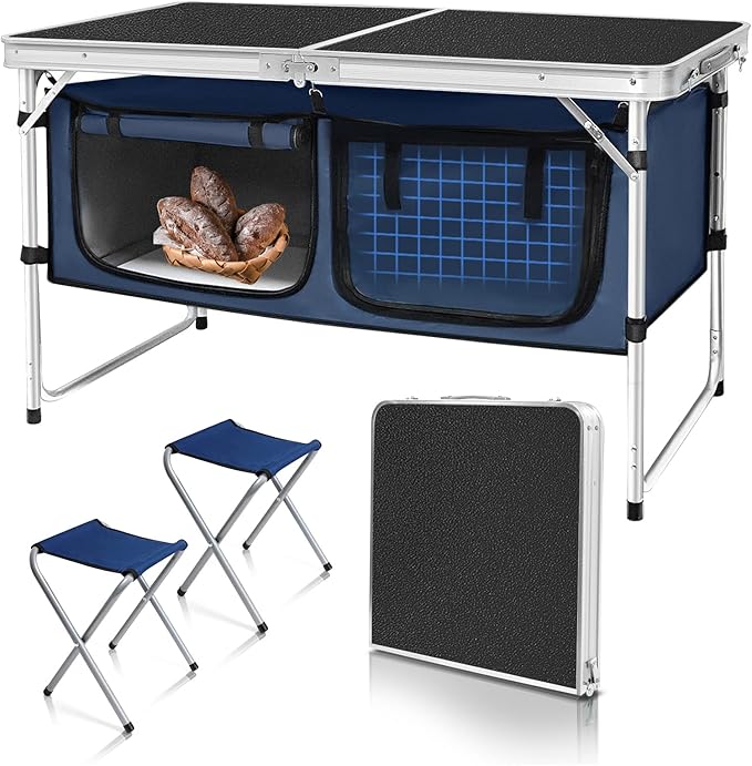Folding Camping Table with Storage Compartment Aluminum Lightweight Camp Kitchen Table Height Adjustable Indoor/Outdoor Table Perfect for Tailgating, Backyards, BBQ, Picnic (Black-Wide W/Stool) by HYMnature