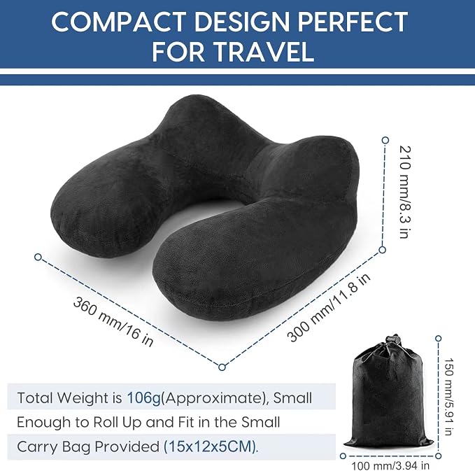 Inflatable Travel Pillow for Airplane Inflatable Neck Pillow for Traveling with Soft Velvet Washable Cover for Sleeping, Airplane,Train, Car, Office, Contoured Eye Masks, Earplugs - Image 6