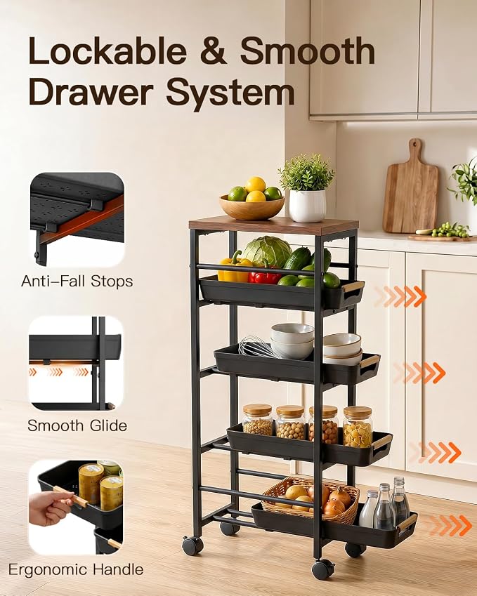 Pipishell Slim Storage Cart, Wooden Top Narrow Kitchen Storage Cart, Black | 5 Tier Skinny Rolling Cart with Pull-Out Baskets, Vented Design & Lockable Wheels for Kitchen, Bathroom, Laundry Room - Image 2