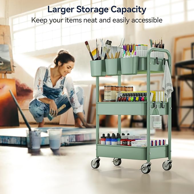 3-Tier Rolling Cart, Green, 66 Pounds Capacity, Mesh Storage Organizer with Lockable Wheels, 3 Hanging Cups, 4 Hooks, Easy Assembly, for Kitchen, Bathroom, Laundry, Grocery | Sturdy Rolling Storage Cart With Hooks & Hanging Cups, Great For Craft, Art W... - Image 4
