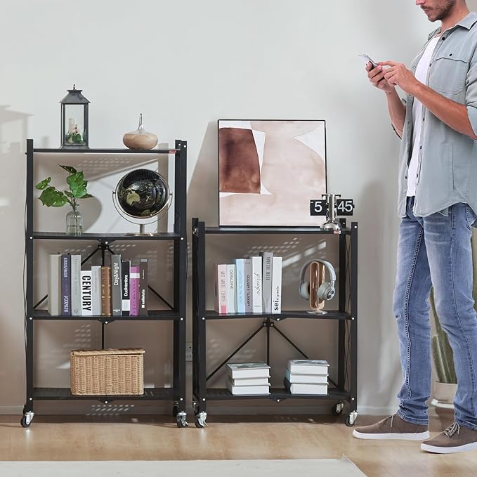 DEANIC 3 Tier Foldable Storage Shelves with Wheels, Kitchen Appliance Stand, Freestanding Metal Wire Shelf Rack, No Assembly Organizer Rolling Cart for Garage, Basement, Pantry (Black) - Image 9