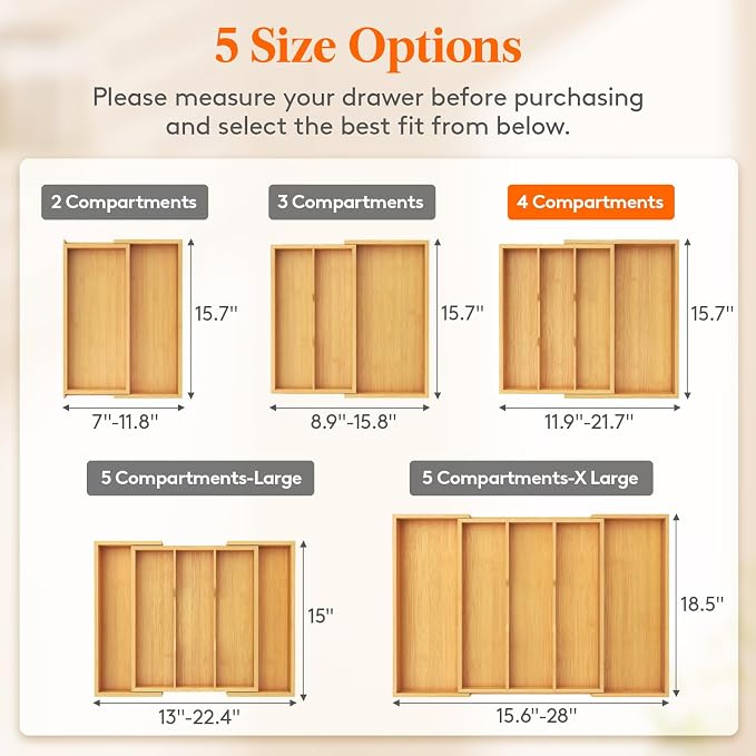 Lifewit Bamboo Utensil Organizer for Kitchen Drawer, Cooking Utensil Tray | Expandable Cutlery Silverware Flatware Holder, Wood Adjustable Spatula Tools Storage Divider, 11.9-21.7 x 15.75", Natural - Image 2