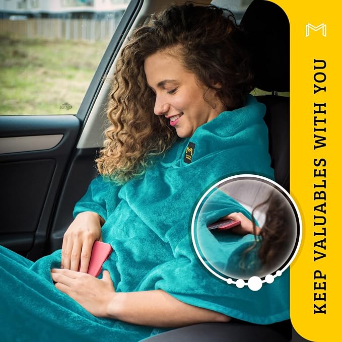 Travel Blanket Airplane Compact with Hoodie, Folds into a Travel Pillow | 300 GSM fleece airplane blanket; attached hoodie doubles as its storage case | 62 x 41 in., luggage strap and secure pocket - Image 5